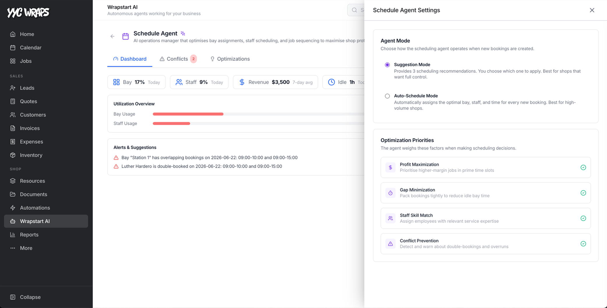 The Wrapstart platform — AI agents, scheduling and operations in one dashboard
