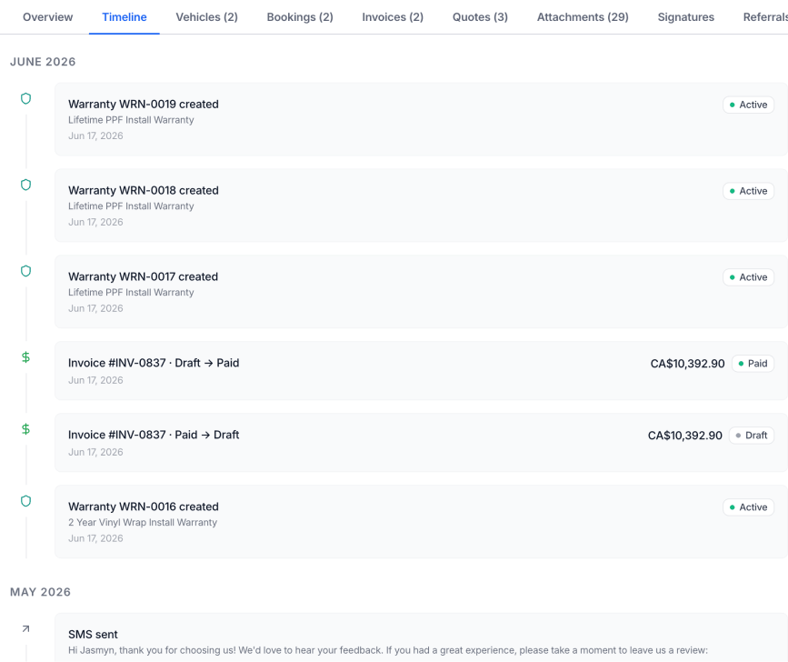 Customer timeline — warranties, invoices, messages and every event on one record
