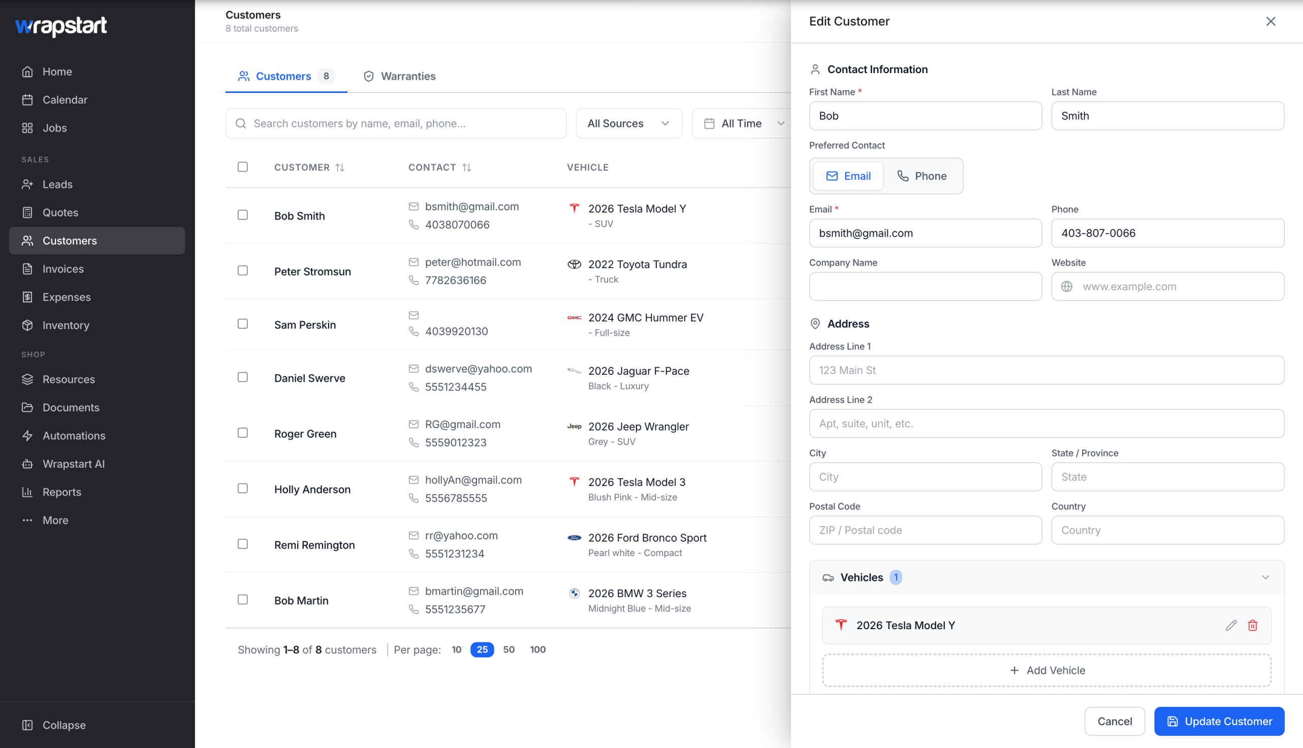 The Wrapstart customer dashboard for a PPF shop