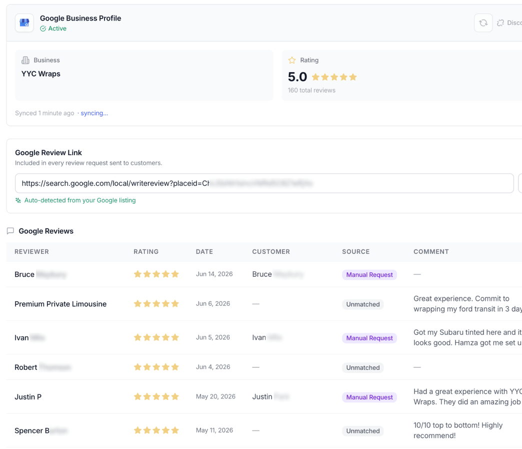 Google Business Profile — synced rating, review link and incoming Google reviews