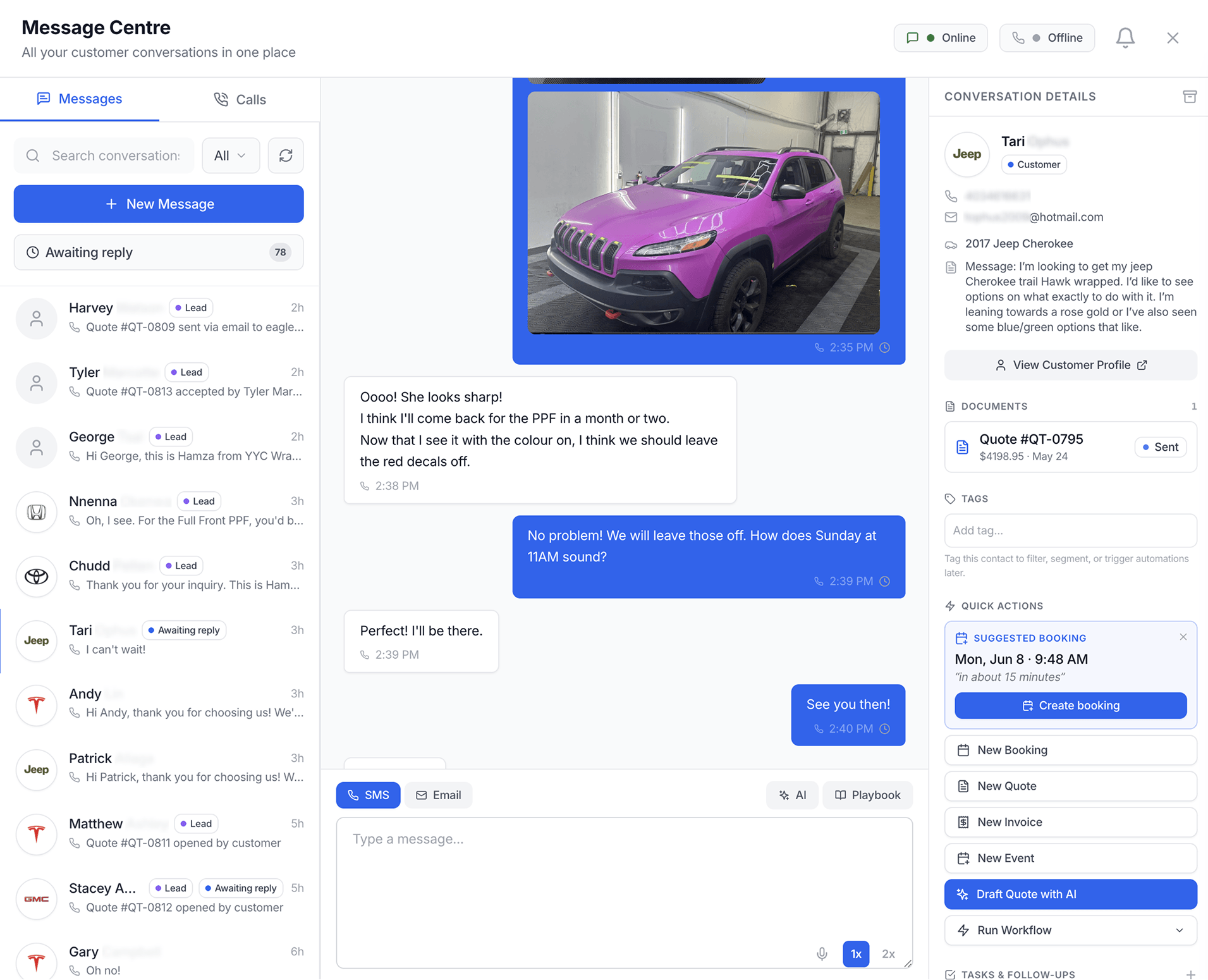 Wrapstart Message Centre — all customer conversations in one place with AI draft, suggested booking and follow-ups