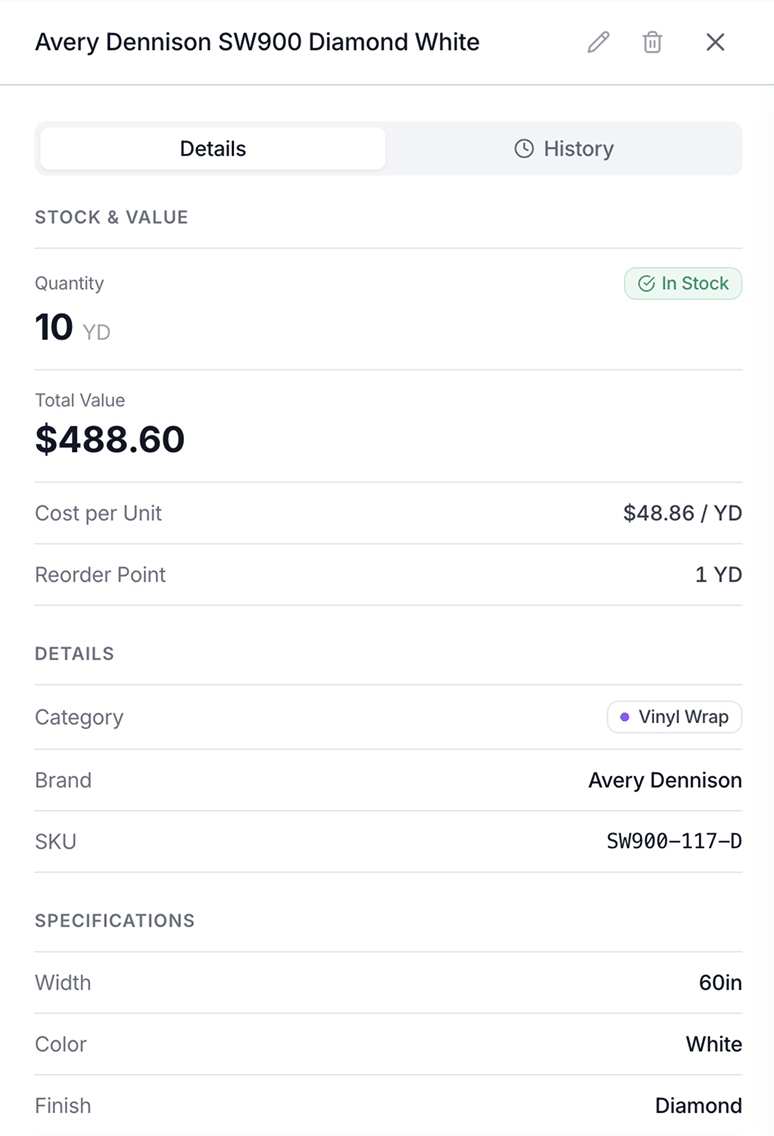 Material item detail with stock value