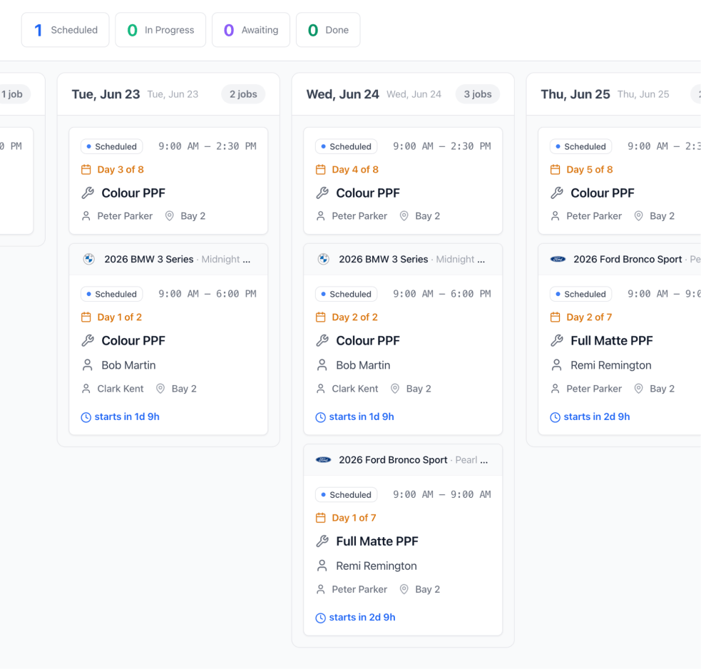 Pulse Board — kanban view of in-progress jobs by day