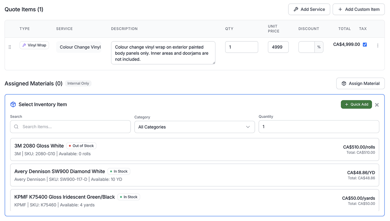 Quote items with pricing and tax