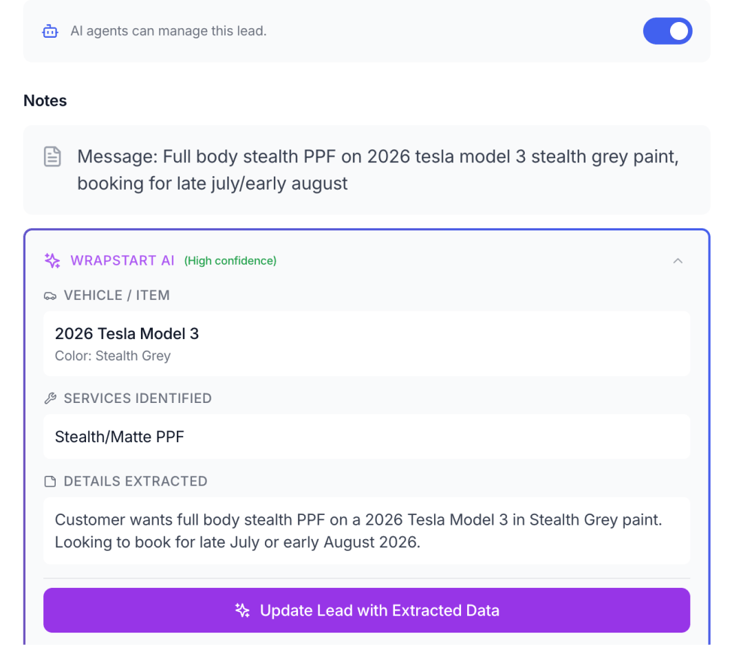 Wrapstart AI extracting vehicle, services and details from a lead message with high confidence