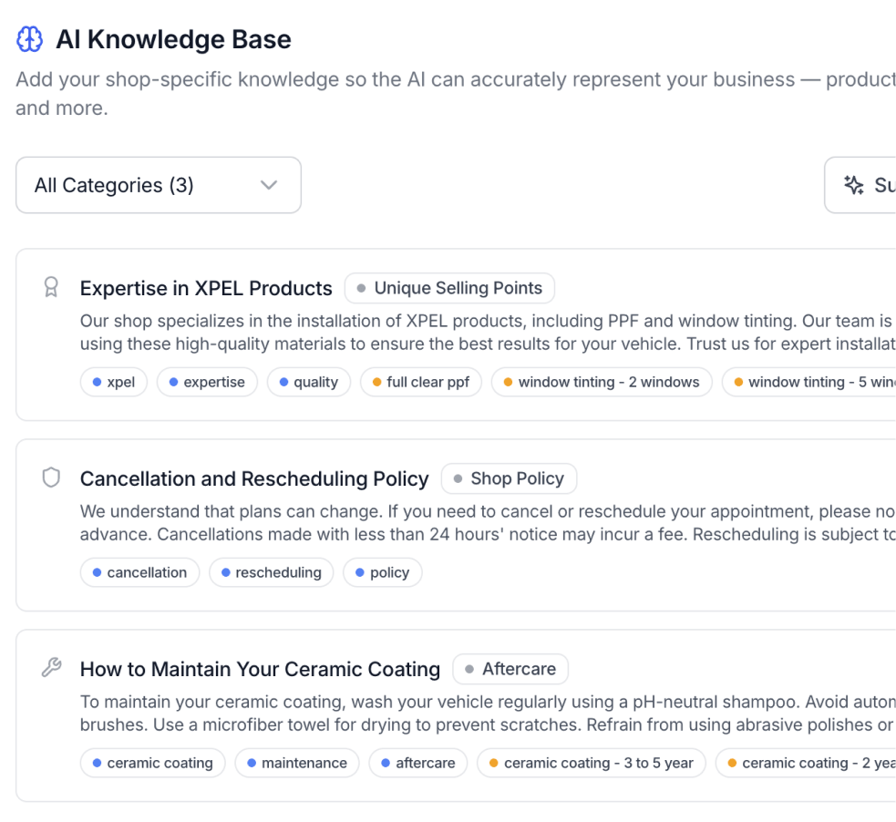 AI Knowledge Base — shop-specific knowledge cards for unique selling points, shop policies and aftercare, each tagged by category so the AI represents your business accurately