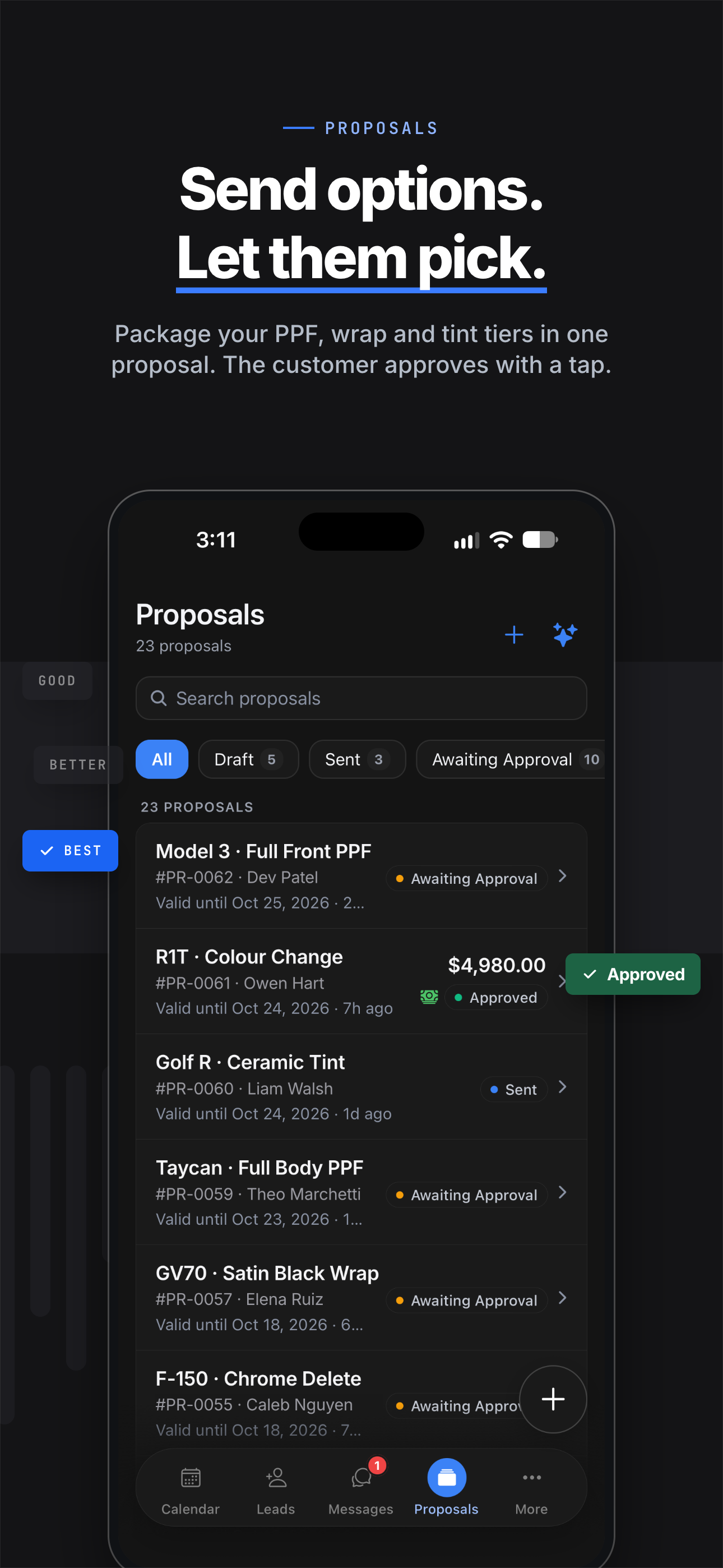 Wrapstart app — Proposals. Send options. Let them pick.