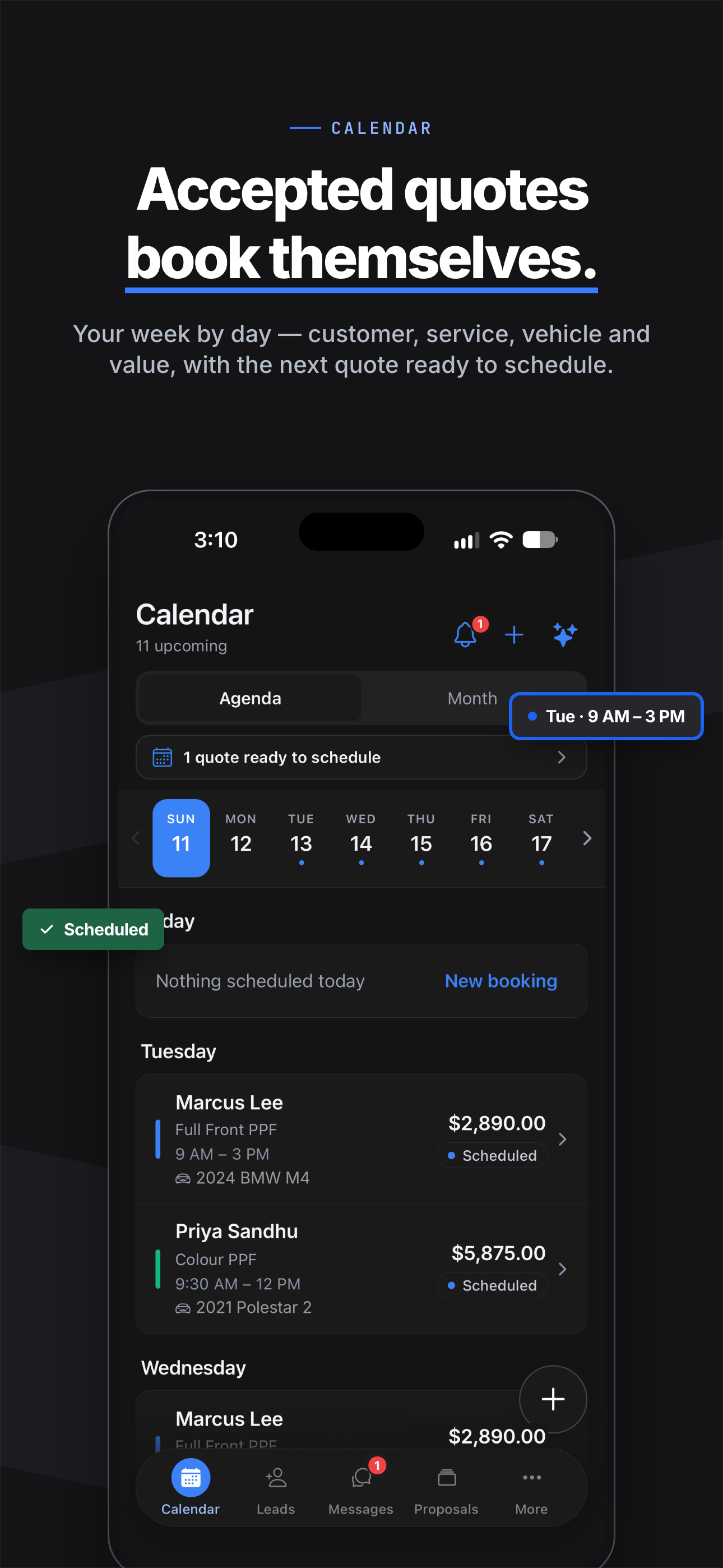Wrapstart app — Calendar. Accepted quotes book themselves.
