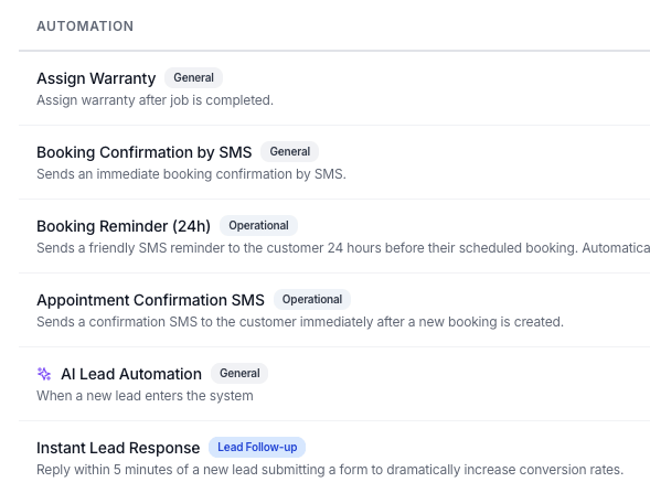Automation list showing lead follow-up and booking sequences