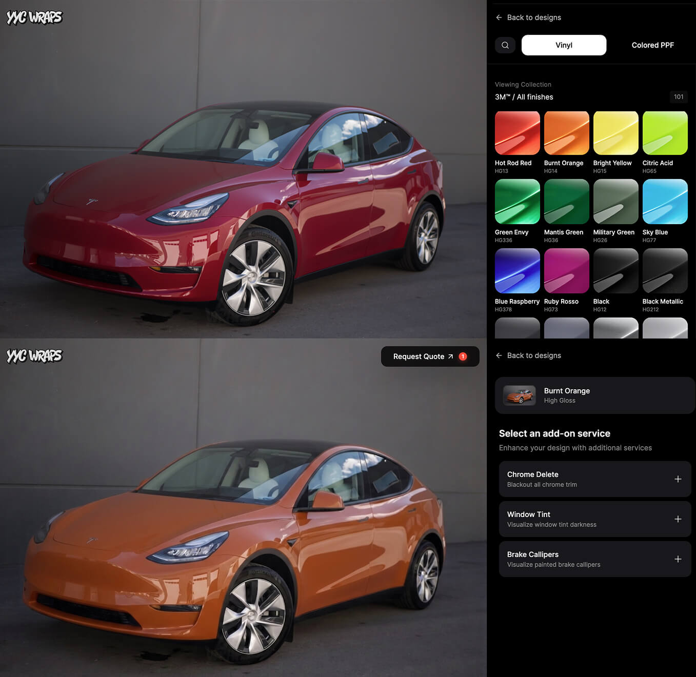 Auto Wrap app previewing a vehicle wrap colour
