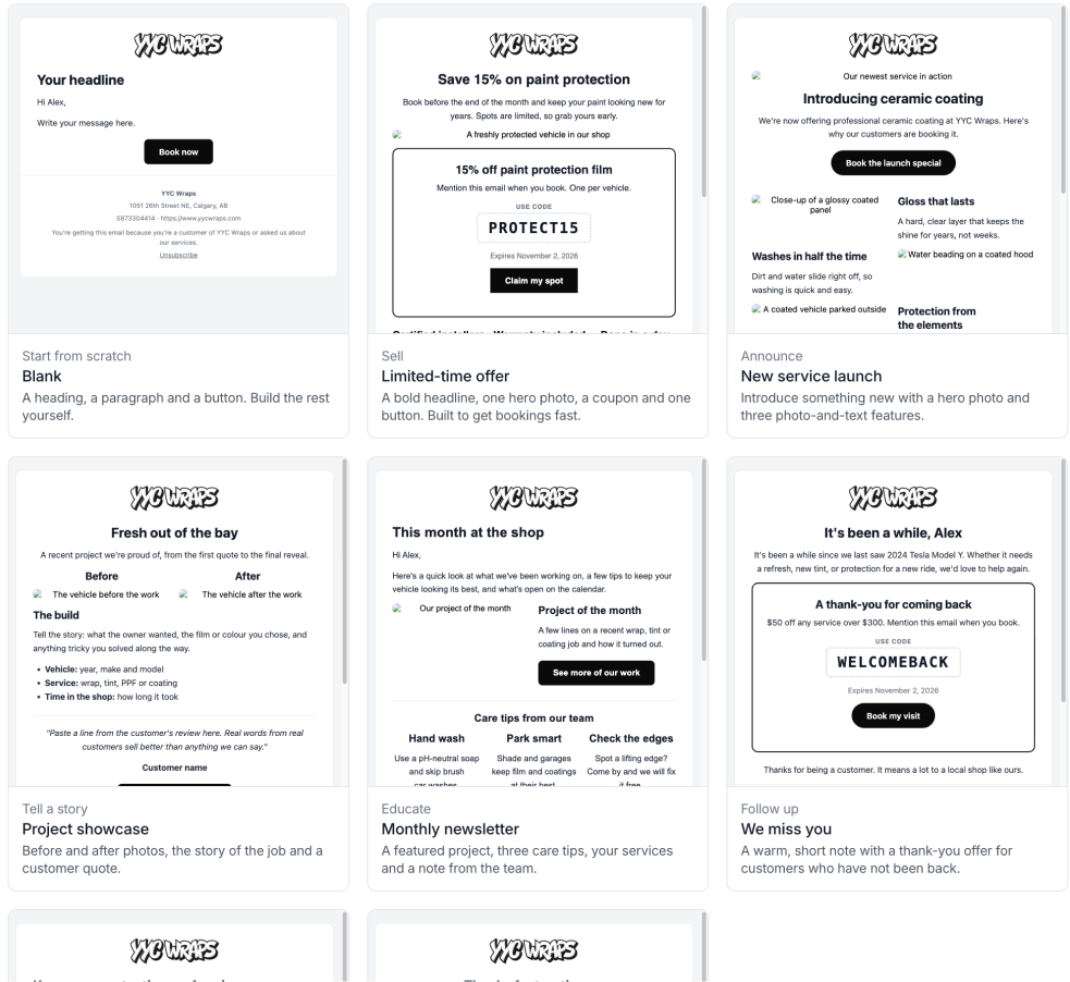 Email templates — Blank, Limited-time offer, New service launch, Project showcase, Monthly newsletter and We miss you, each with the shop's logo and branding