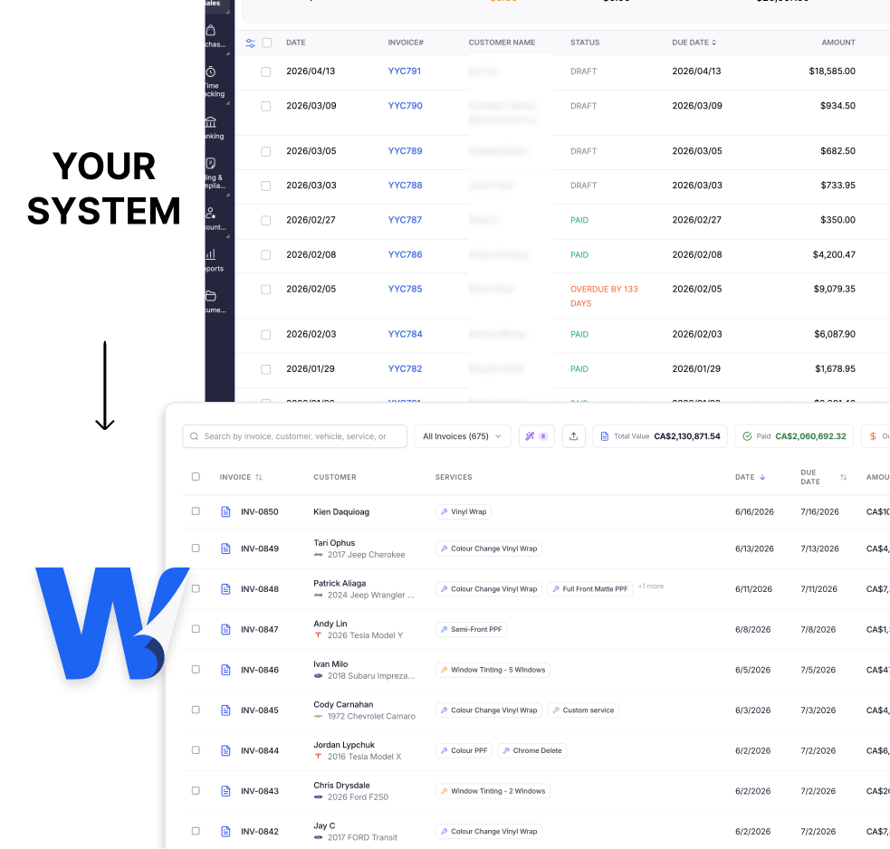 Invoice history importing from your existing system into Wrapstart, with statuses and amounts preserved