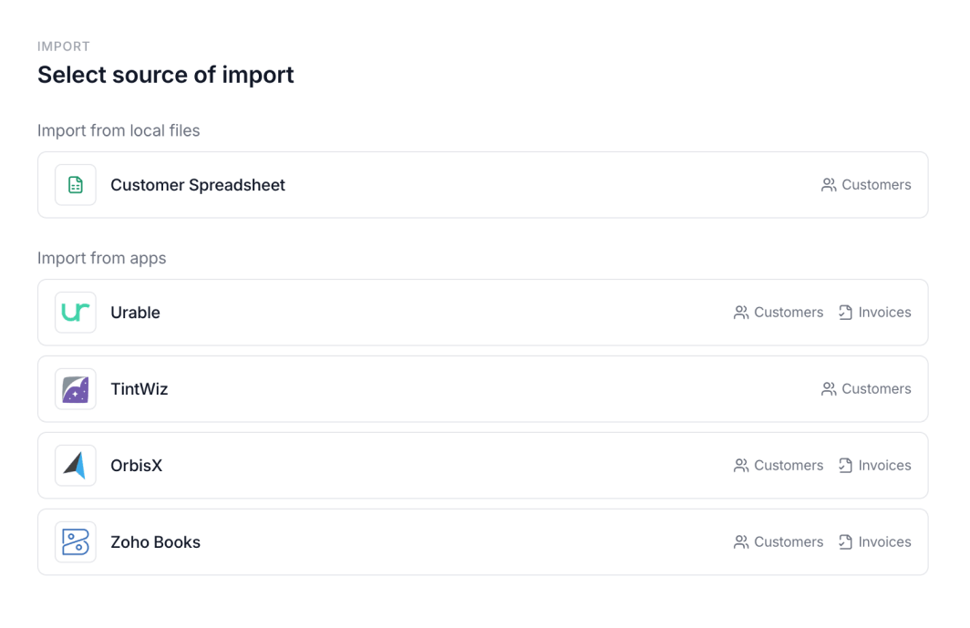Select source of import — local files plus Urable, TintWiz, OrbisX and Zoho Books connectors