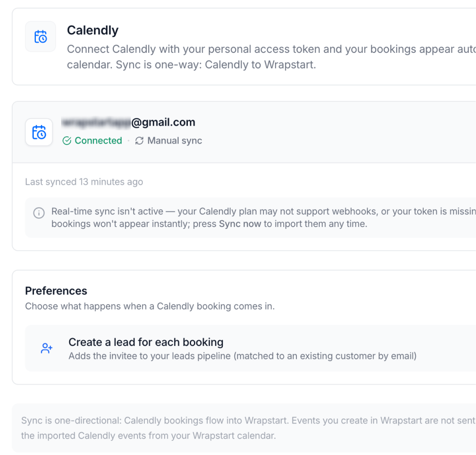 Calendly integration — connected account, manual sync, and create a lead for each booking preference