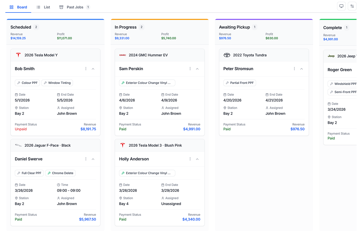 The Wrapstart jobs board — vinyl wrap and chrome delete jobs in progress