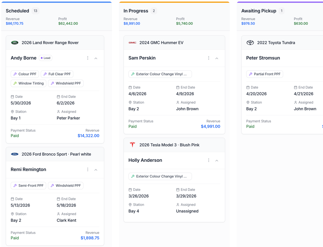 Kanban board moving jobs through production stages