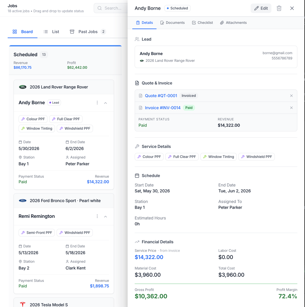 Live shop dashboard showing job status from intake to completion