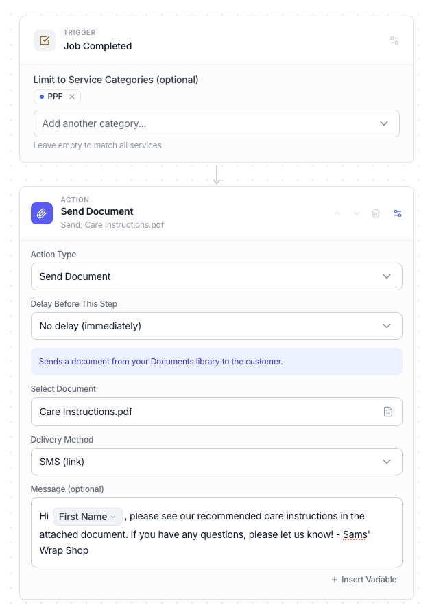 Workflow rule builder — Job Completed trigger sending care instructions