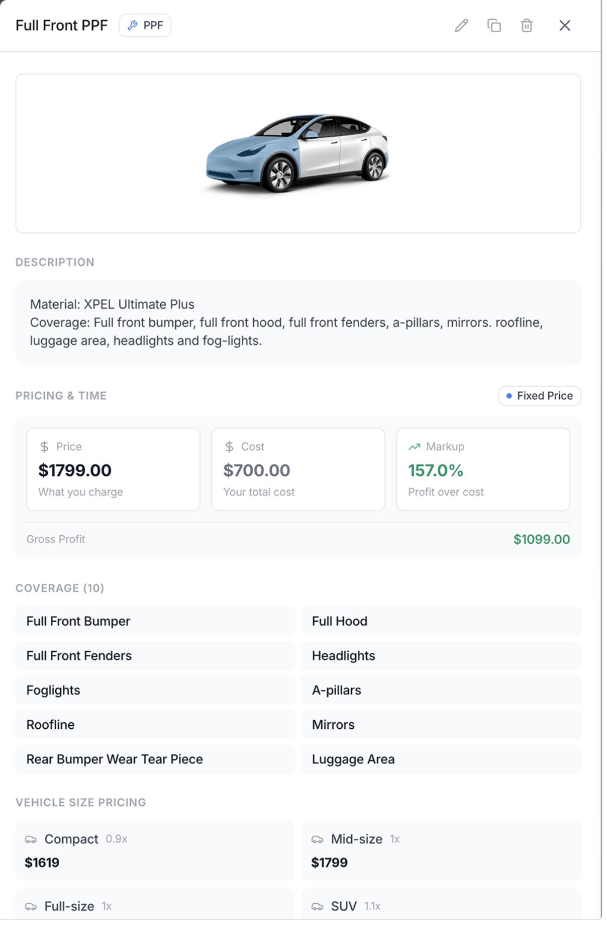 Full Front PPF service detail — description, pricing, markup, coverage and per-vehicle-size pricing