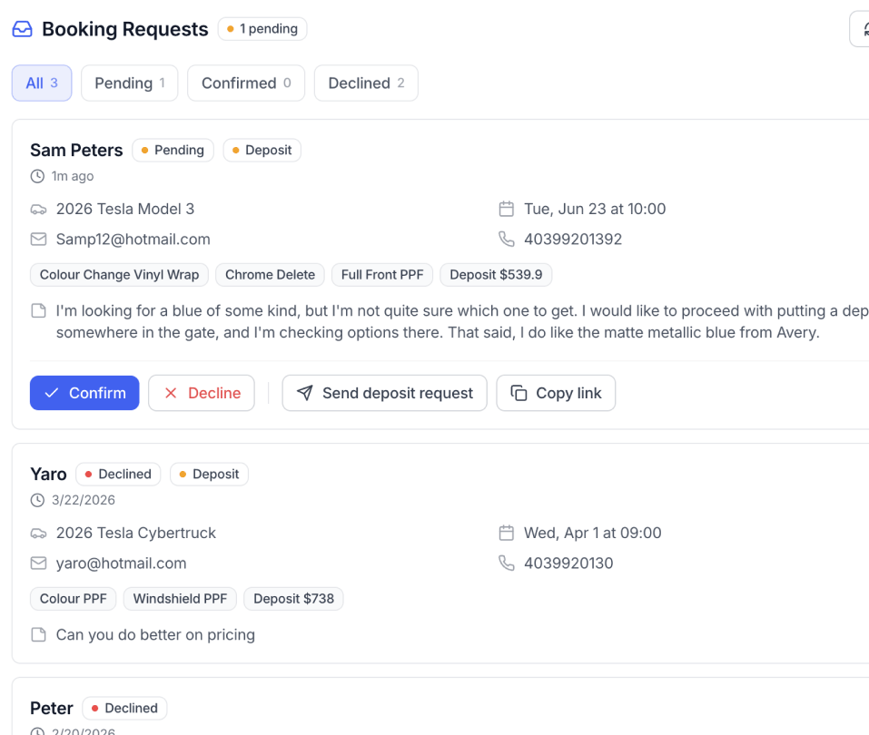 Booking Requests inbox — pending request with Confirm, Decline and Send deposit request actions