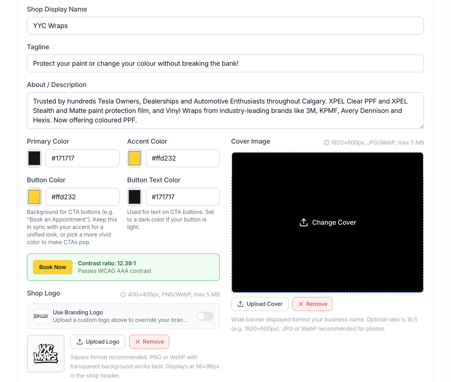 Storefront customization — shop name, branding, colors and cover image