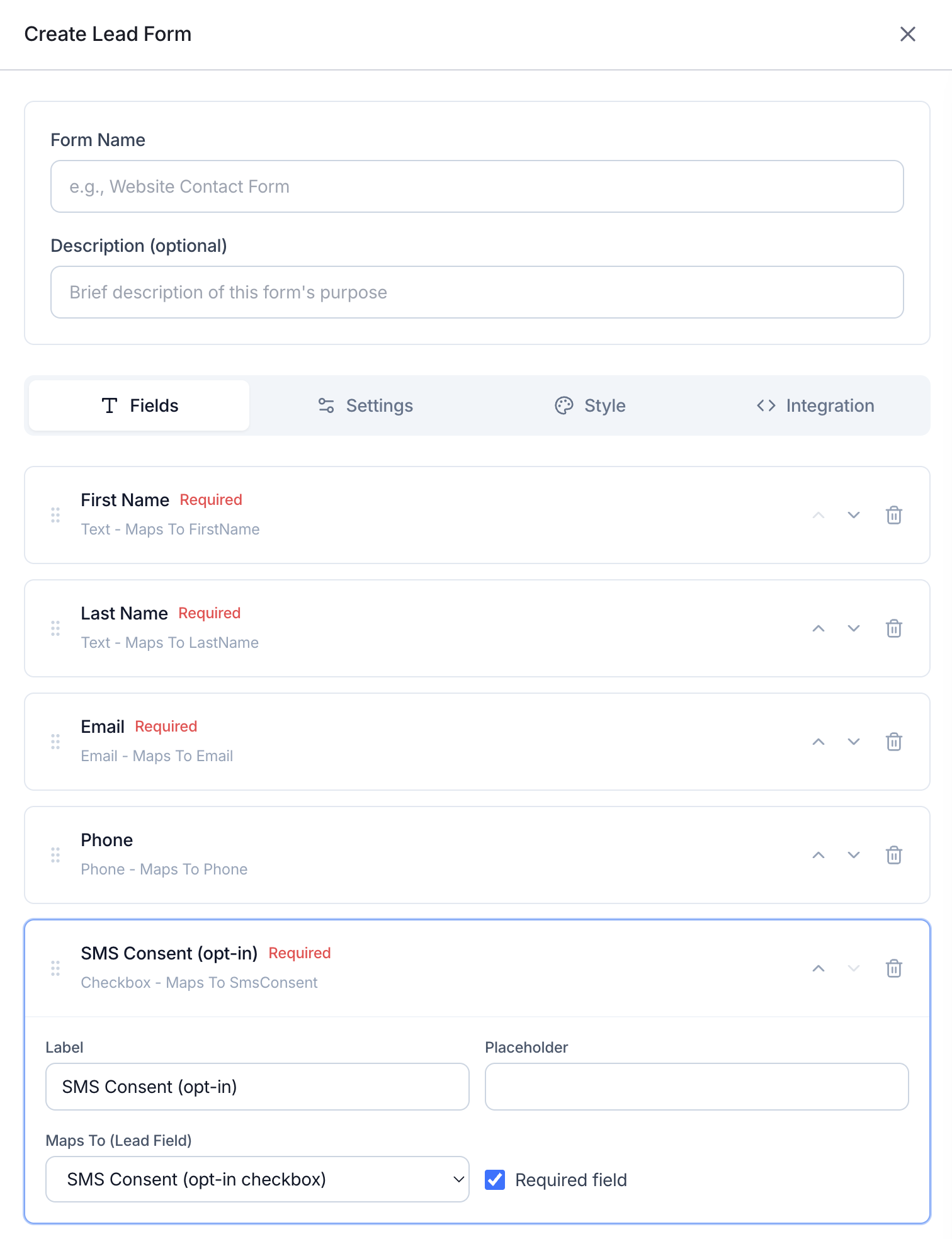 Wrapstart Create Lead Form builder showing form fields First Name, Last Name, Email and Phone, plus a dedicated 'SMS Consent (opt-in)' checkbox field that maps to the SmsConsent lead field.