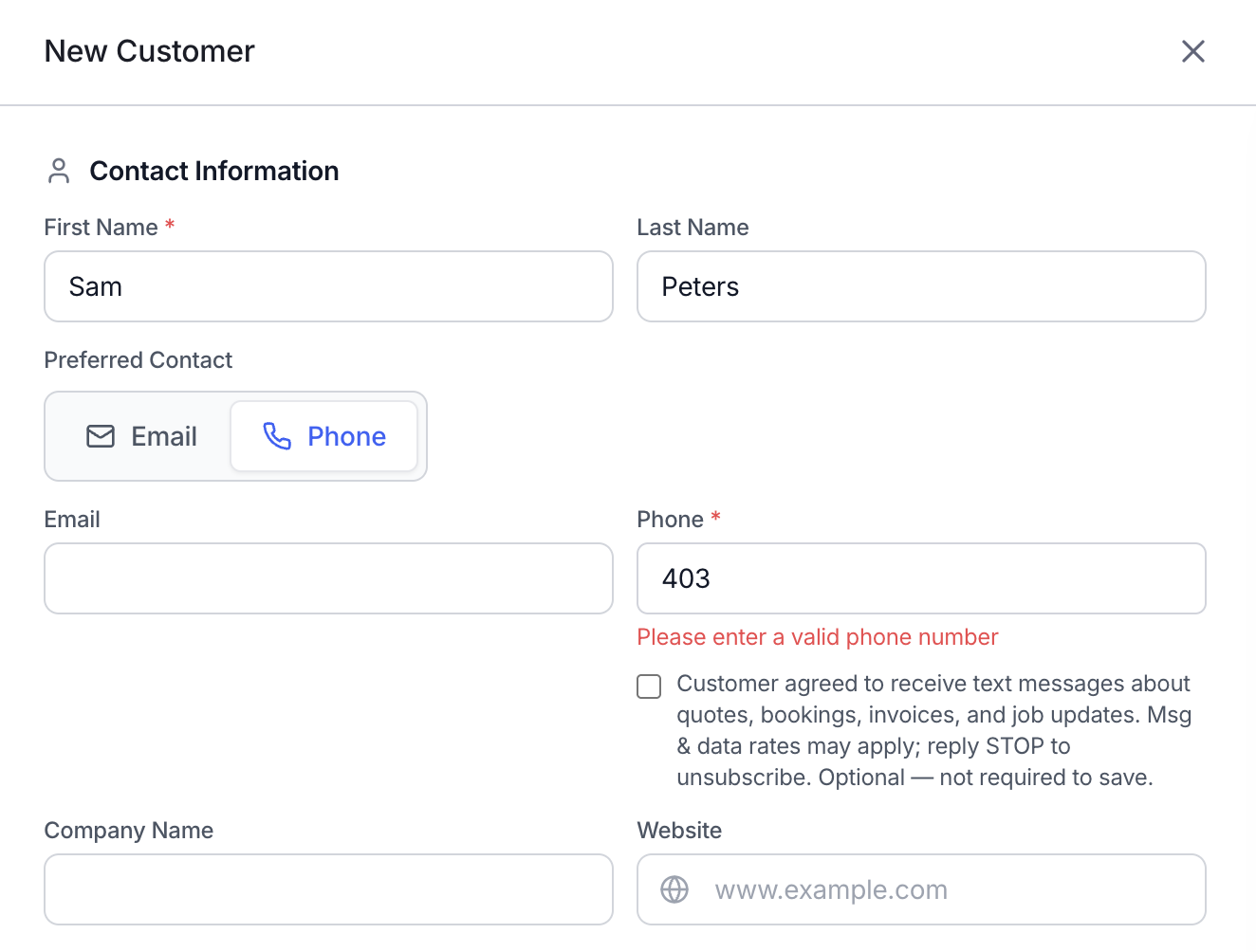 Wrapstart New Customer record screen with an unchecked SMS consent checkbox reading: Customer agreed to receive text messages about quotes, bookings, invoices, and job updates. Msg and data rates may apply; reply STOP to unsubscribe. Optional — not required to save.