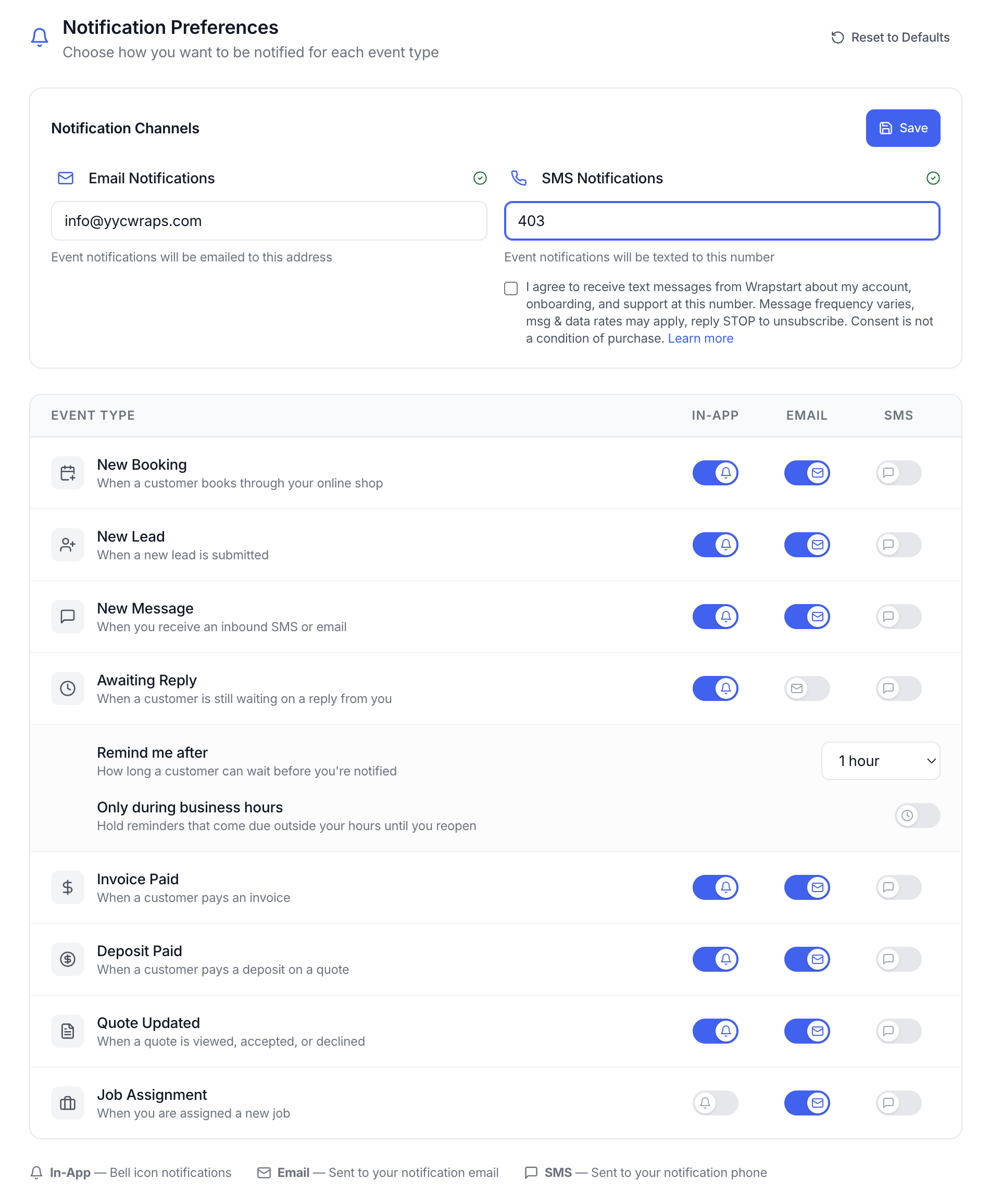 Wrapstart in-account Notification Preferences screen showing the SMS phone number field, an unchecked SMS consent checkbox with the consent language, and per-event In-app / Email / SMS delivery toggles with SMS off by default.