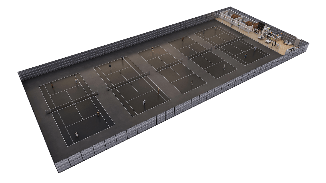 Architectural render of YYC Tennis Center — five indoor tennis courts with a pro shop and reception area