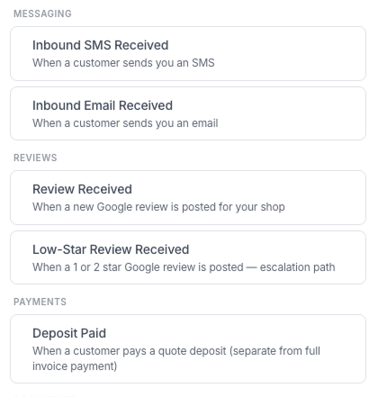 Messaging, review and payment triggers