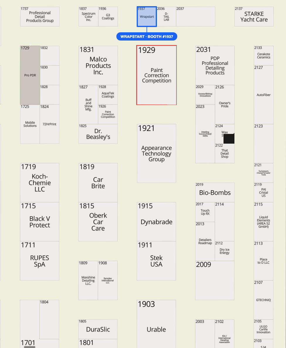 Mobile Tech Expo 2027 floor plan showing the Wrapstart booth at #1937, beside D-TAIL LAB and near the Paint Correction Competition
