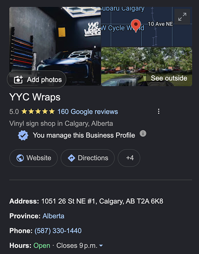 YYC Wraps Google Business Profile — 5.0 stars from 160 reviews, vinyl sign shop in Calgary, Alberta