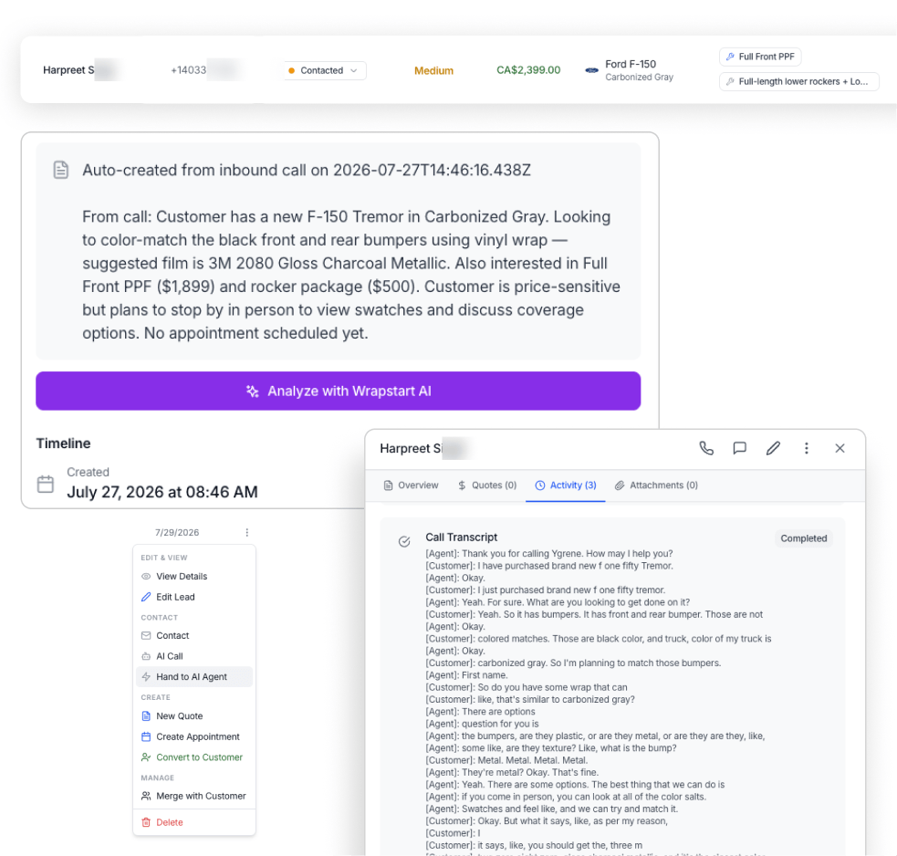 Lead auto-created from an inbound call with summary, transcript and AI actions