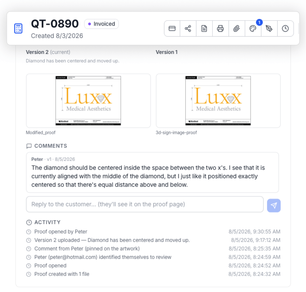 Proof versions, comments and activity shown directly on the quote