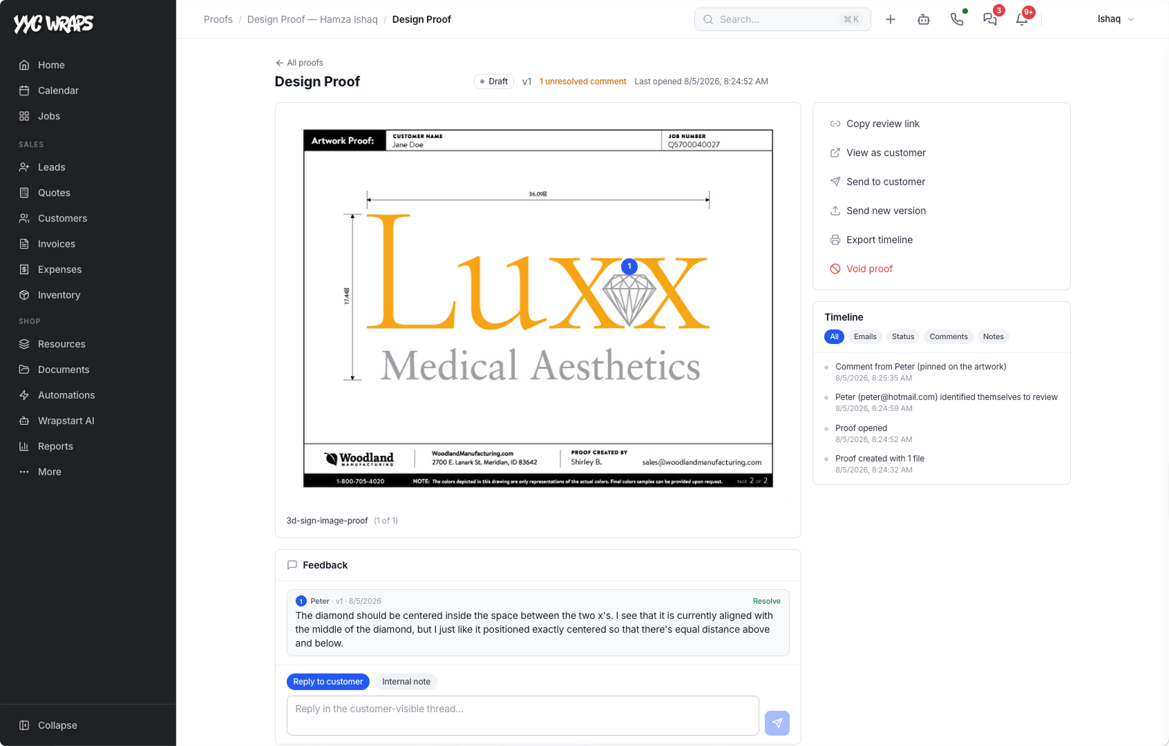 Design proof review in Wrapstart with pinned comment feedback, timeline and customer reply thread
