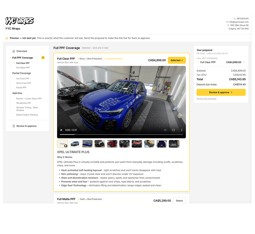 A live proposal preview branded for YYC Wraps — shop logo and contact details in the header, brand-yellow selection and Review & approve buttons, recommended badge, and a running total with deposit due