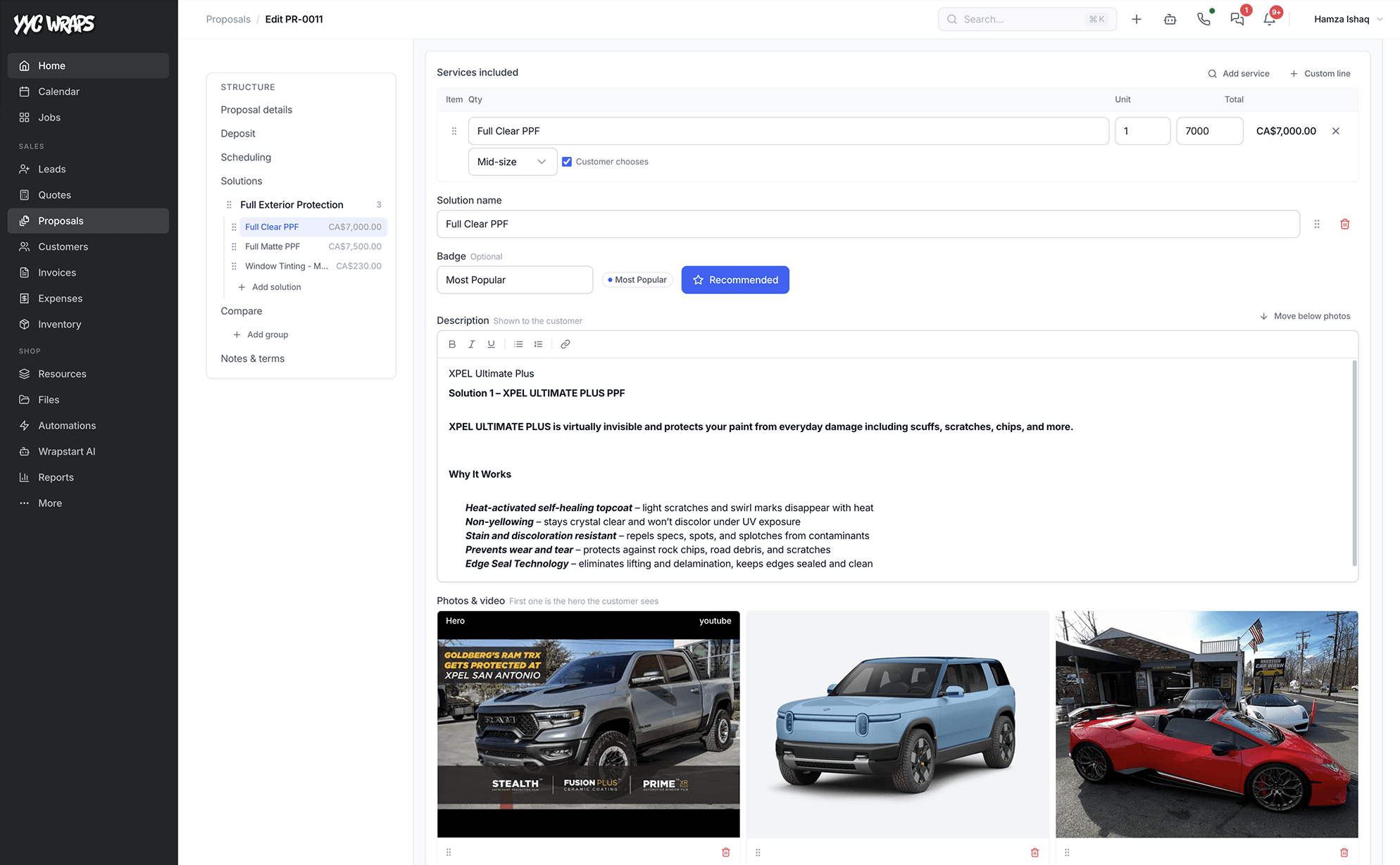 Proposal editor in Wrapstart showing solution groups, services included, badges and attached photos and video