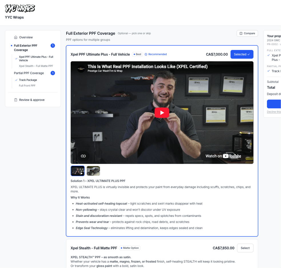 Customer-side proposal view with two solution groups, a selected recommended solution, video and running total